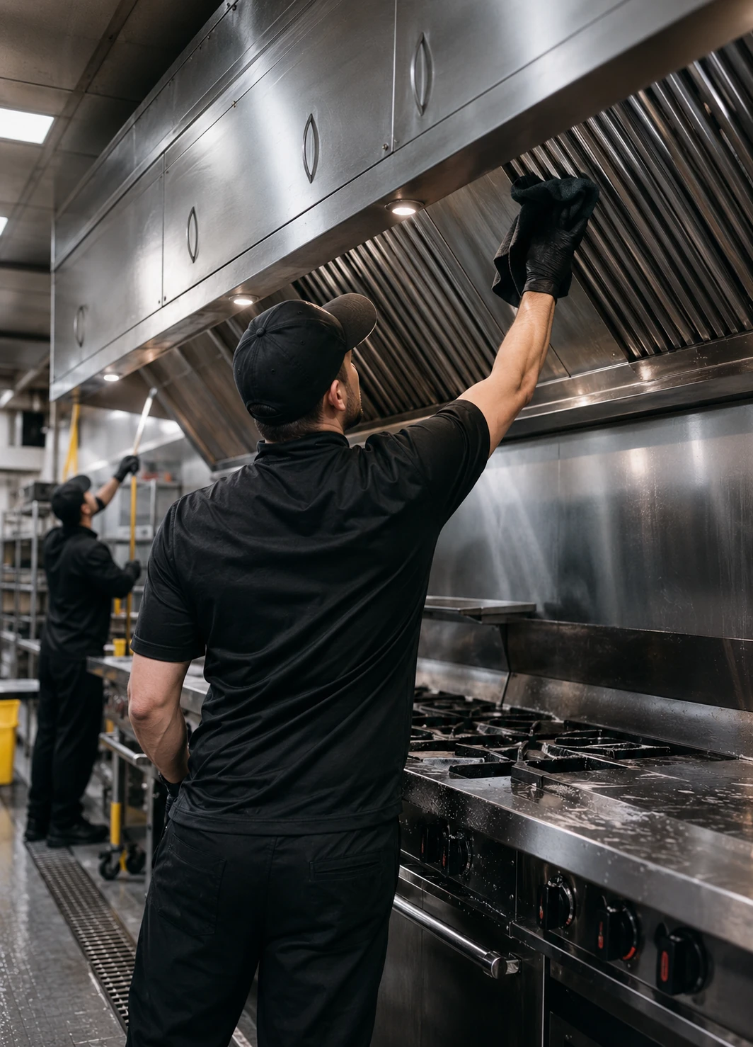 A crew in black workwear cleaning a stainless exhaust hood.