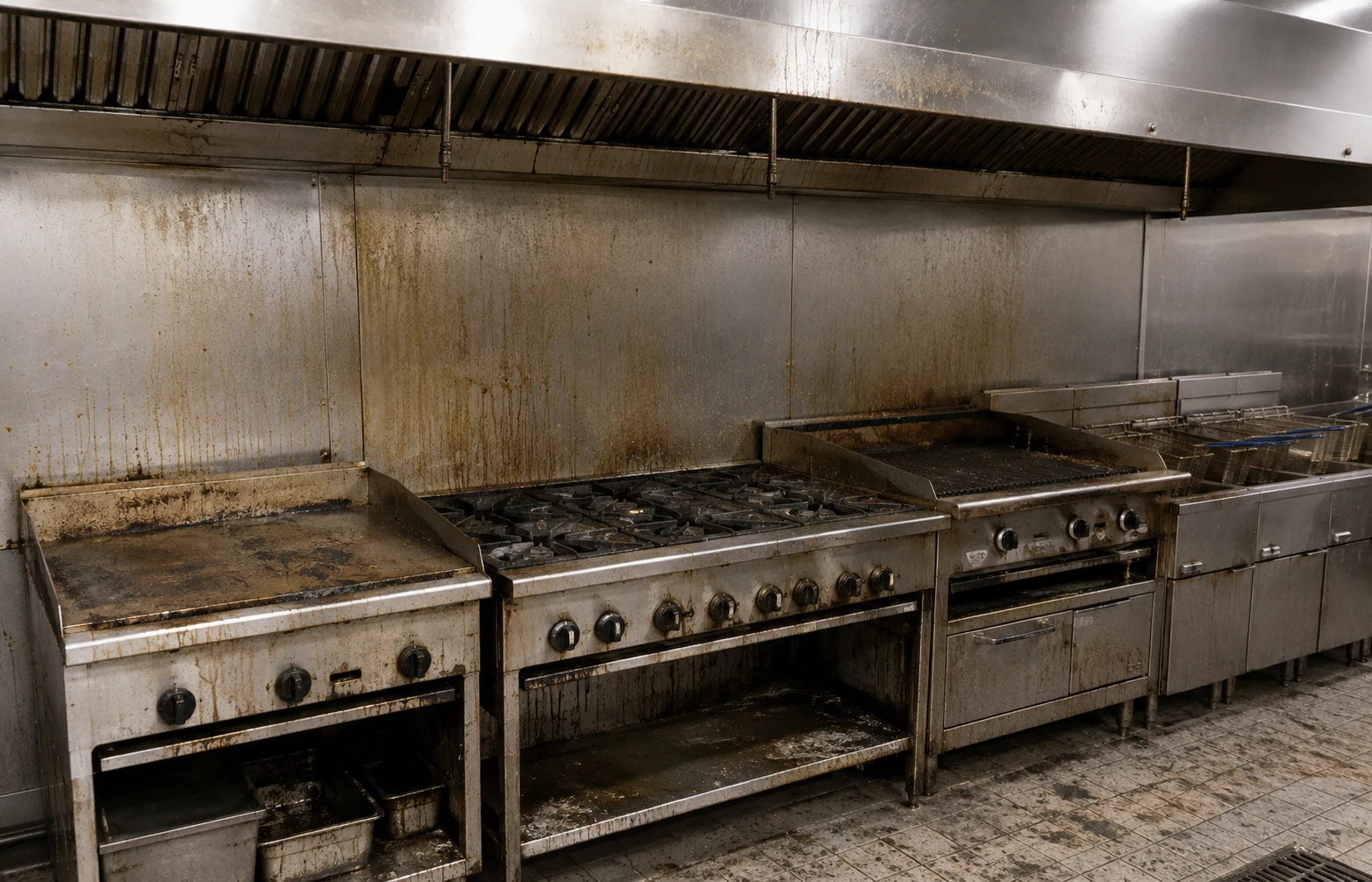 A cooking line with heavy grease build-up on the wall, hood and equipment before a deep clean.