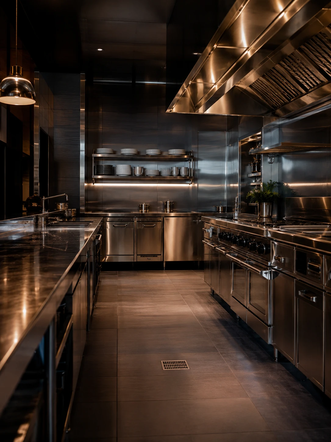A stainless commercial kitchen line, low light, cleaned to standard.