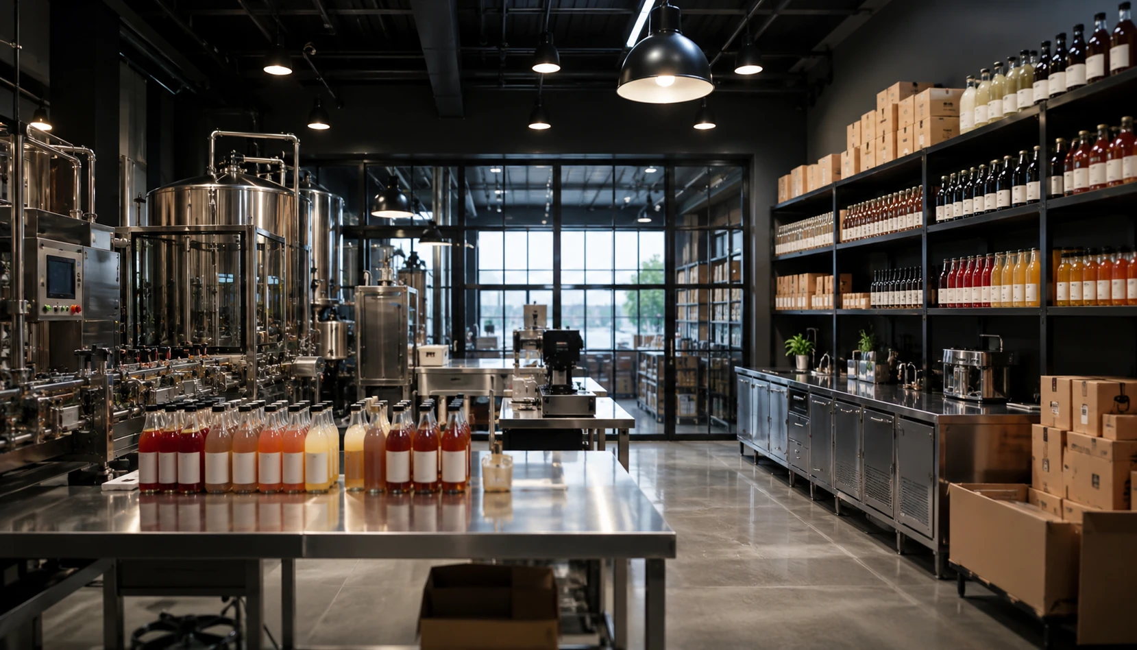 A commercial production and packaging space with stainless equipment.